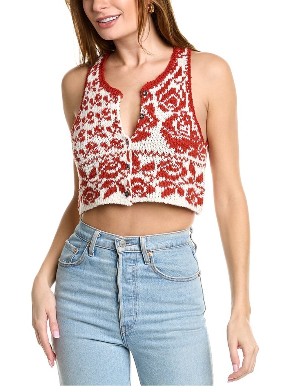 Free People Rosie Crop Sweater Button Tank In Red Rose Combo XS